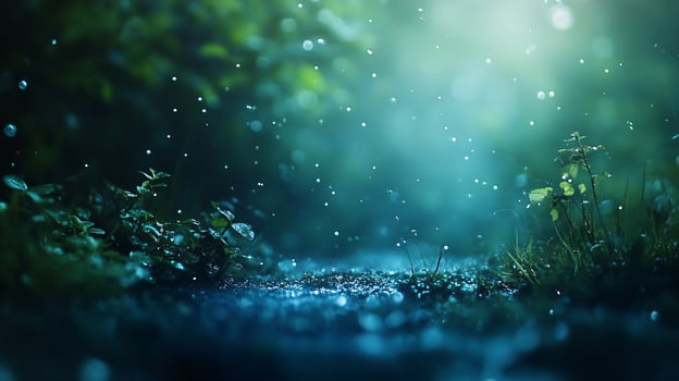 A forest with a lot of rain and water droplets falling from the sky photo
