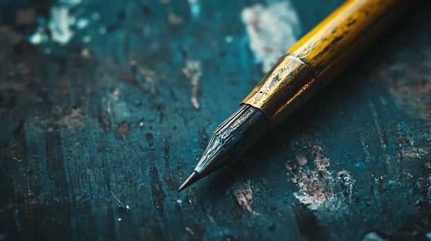 A pencil is sitting on a blue surface photo