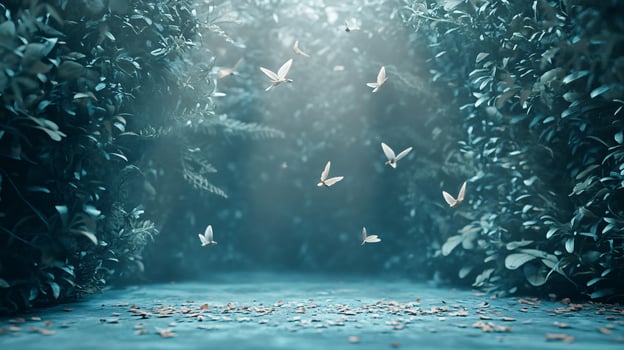 A group of white butterflies flying through a forest photo