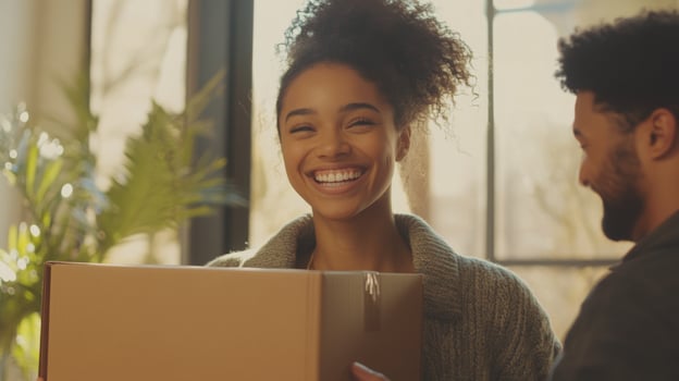 A joyful couple unpacks moving boxes in a sunlit room with large windows. The woman beams with happiness as they start settling into their new home filled with natural light and warmth. photo