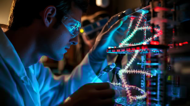 A scientist focuses on intricate circuitry, connecting bio-computer systems in a dimly lit lab. The vibrant lights illuminate the complex equipment, showcasing technological innovation and research. photo