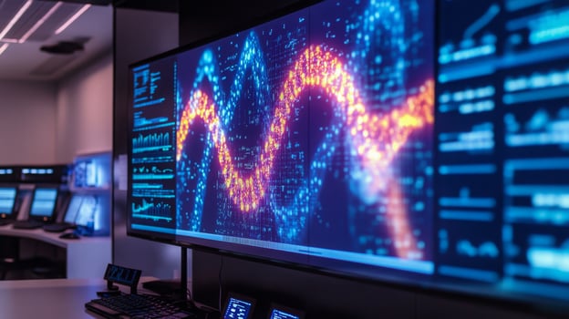 In a modern technology lab, complex AI systems process biological data. Colorful visualizations display algorithms, while nearby computer stations monitor progress in real time. photo