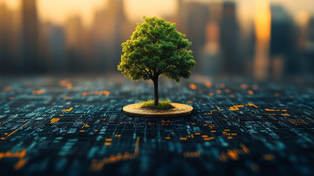 A lush green tree stands on a coin amidst a digital landscape, reflecting the harmony between nature and technology in a bustling city during sunset. photo