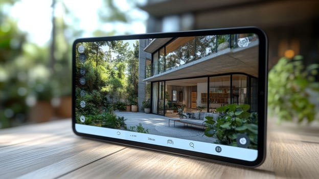 A sleek mobile device displays the interior and exterior layout of a modern home, featuring large windows and lush plants. Natural light enhances the vibrant atmosphere. photo