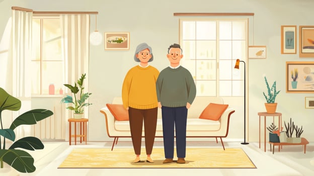 A cheerful elderly couple stands together in their stylish living room filled with plants and artwork. photo