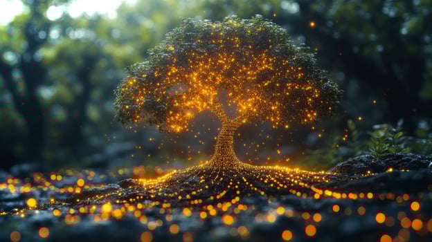 A stunning tree with luminous roots glowing brightly in a tranquil forest at twilight. The magical ambiance is enhanced by soft light filtering through the foliage. photo
