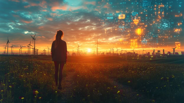 A figure stands in a field during sunset, surrounded by wind turbines. The sky is illuminated with colorful digital effects, blending nature and technology. photo