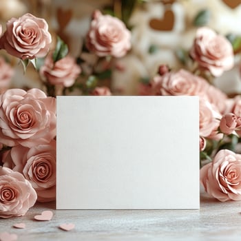 Empty white card mockup against the background of flowers, romantic mood photo