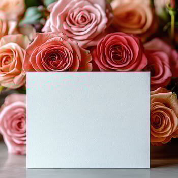 Empty white card mockup against the background of flowers, romantic mood photo