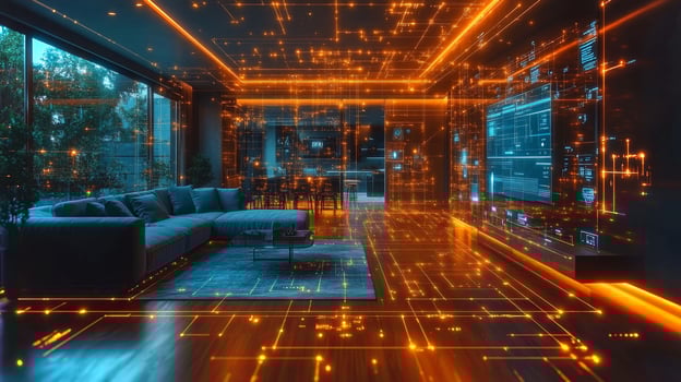 A stylish living room designed with sleek furniture, featuring holographic projections that create an engaging digital atmosphere. Large windows showcase greenery outside, enhancing the ambiance. photo