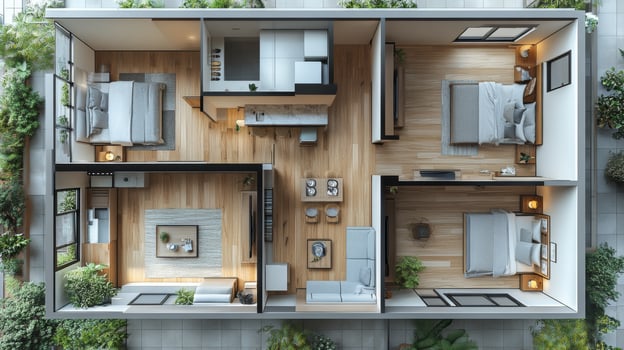 A contemporary house layout featuring an open concept kitchen and living area, two cozy bedrooms, and green outdoor spaces, emphasizing a connection with nature and light. photo