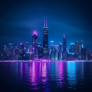 Chicago skyline at night with neon lights photo