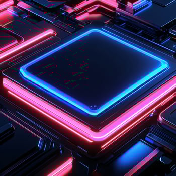 Futuristic technological background with glowing pink and blue neon squares photo