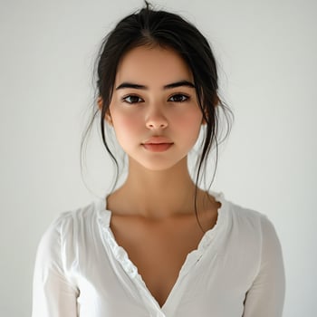 Beautiful young woman with dark hair and white shirt photo