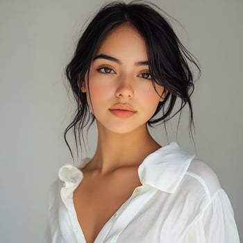 Beautiful asian woman with long black hair and white shirt photo