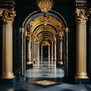 A hallway with gold and black columns photo