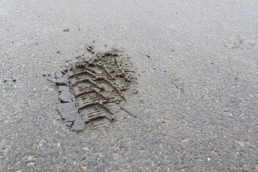 An Imprint of a Tire Track on a Wet Asphalt Surface Captured in a Photographic Scene photo