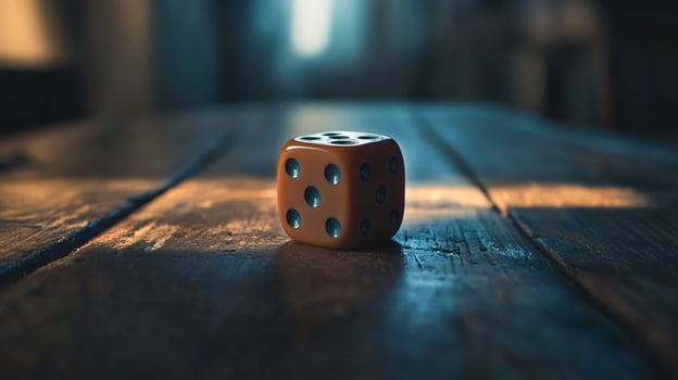 A close up of a die on a wooden table photo