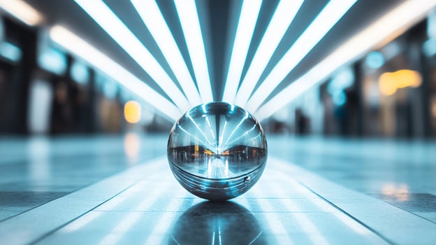 A shiny, reflective ball is sitting on a shiny, reflective floor photo