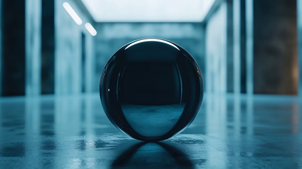 A shiny, reflective ball is sitting on a wet floor photo
