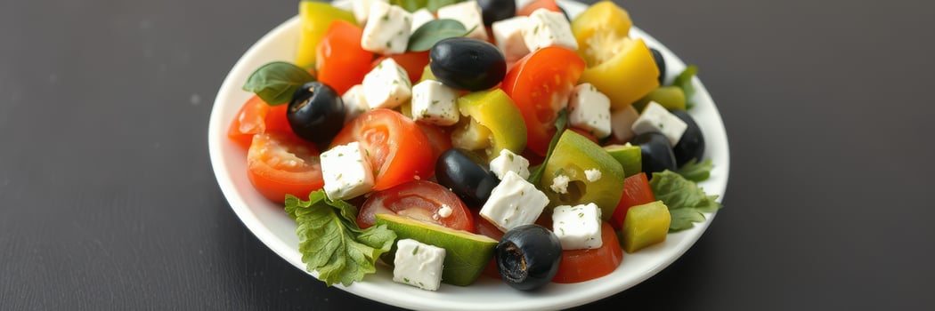Fresh Mediterranean salad with feta cheese, olives, and colorful vegetables served on a white plate photo