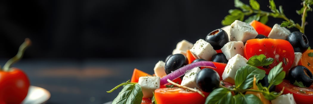 Fresh Mediterranean salad with vibrant vegetables and olives prepared on a dark countertop photo