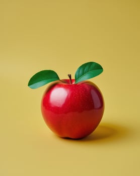 A red apple with green leaves on a yellow background photo