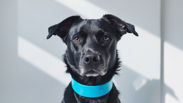 A black dog wearing a blue collar photo