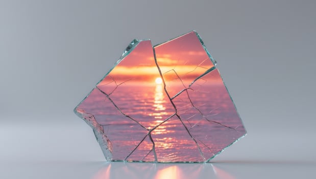 A broken piece of glass with a sunset in the background photo