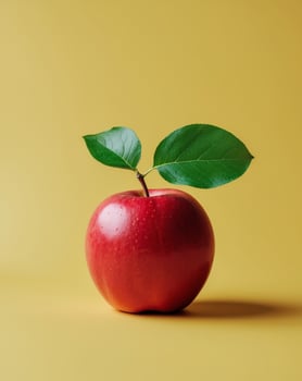 Fresh Red Apple with Green Leaf on Bright Yellow Background photo