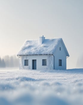 A digital art piece of a house covered in snow photo