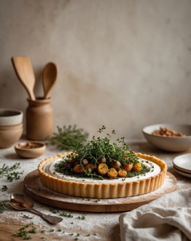 Crafting a winter root vegetable tart with micro herbs and truffle honey kitchen culinary art cozy home gourmet concept photo