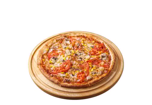 delicious pizza with chicken, mushrooms, cheese, tomatoes and corn on a wooden background, on an isolated white background photo