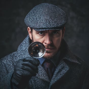 A focused detective investigates clues with a magnifying glass while chaos surrounds him photo