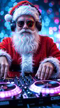 Santa Claus wearing sunglasses and headphones, DJ at party with colorful lights in background. photo