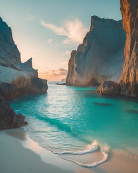 Secluded Cove Turquoise Waters Sandy Beach Rock Formations photo