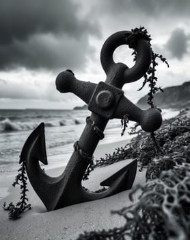 Rusty anchor on seaside covered with seaweed and waves in moody atmosphere photo