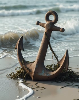 Rustic anchor amidst ocean waves and seaweed on a sandy beach shoreline photo