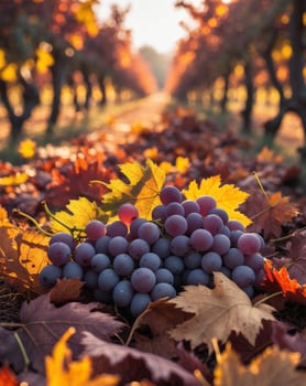 Ripe grapes lying on fallen autumn leaves in vineyard photo