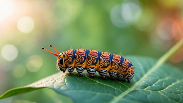 Vibrant caterpillar on fresh green leaf in natural habitat photo