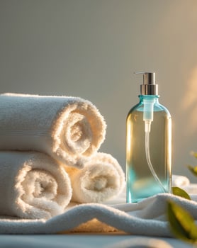 Towels and bottle of body lotion on a table photo