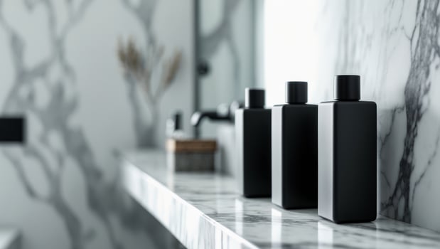 three black rectangular bottles stand on a white marble shelf in the bathroom photo