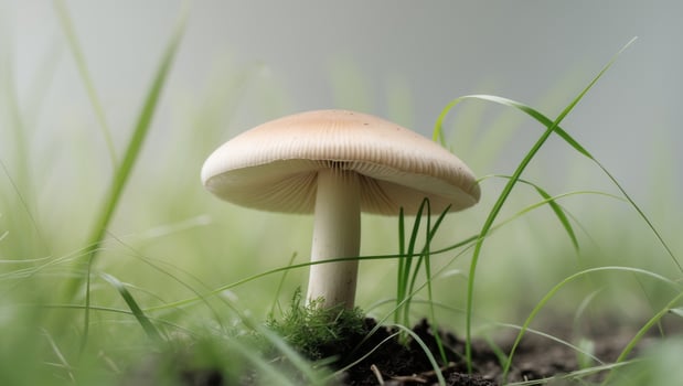 A mushroom is standing in the grass with a green background photo