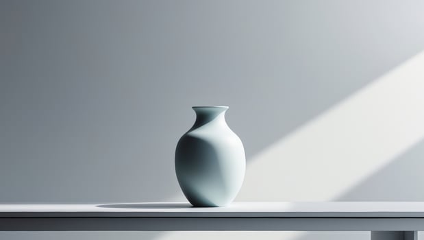 A vase is sitting on a table in front of a wall photo