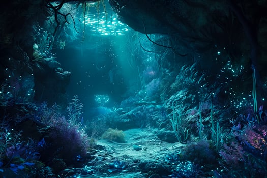 The underwater cave is lit up by lights photo