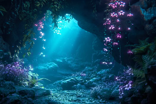 A cave with purple flowers and rocks photo