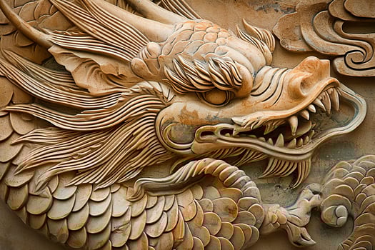 A dragon head carved into a stone wall photo