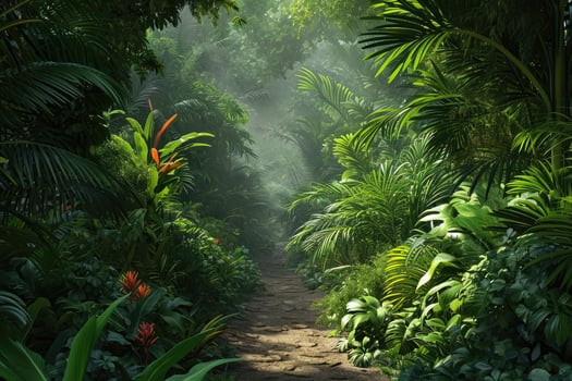 A path through the jungle with trees and plants photo