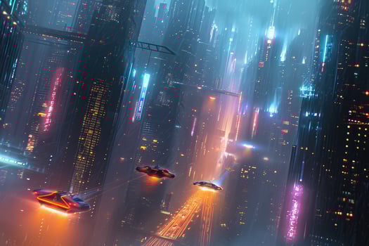 A futuristic city with lots of lights and buildings photo