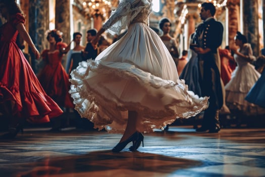 A woman in a white dress dancing in a ballroom photo